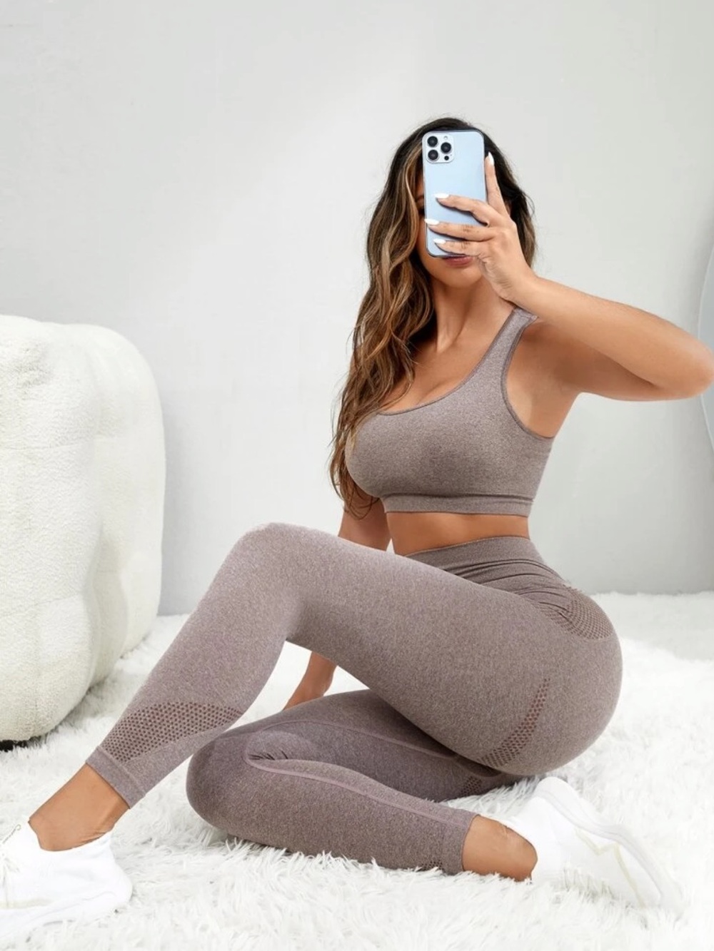 SHEIN Seamless High-Waist Leggings & Sports Bra Set - Taupe